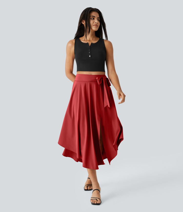 Breezeful™ Falda midi 2 en 1 abertura lateral tiro alto dobladillo curvo fluido acampanado secado rápido