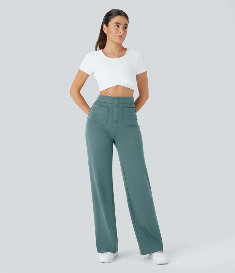 High Waisted Pockets Straight Leg Casual Trousers