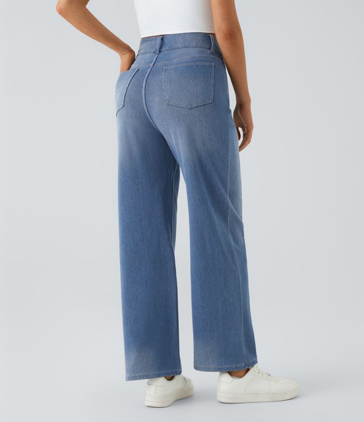 Jeans Halara Flex™ Denim mezclilla elástica botón decorativo tiro alto múltiples bolsillos pierna recta boyfriend