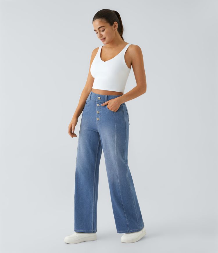 Jeans Halara Flex™ Denim mezclilla elástica botón decorativo tiro alto múltiples bolsillos pierna recta boyfriend