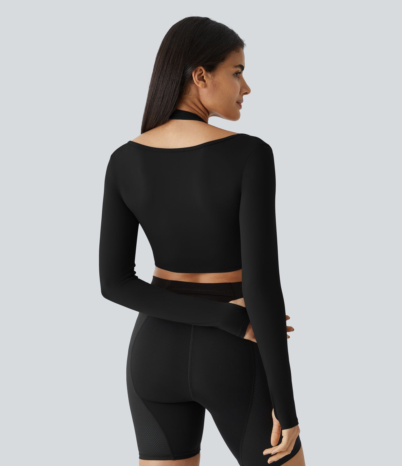 SoftlyZero™ Plush Halter Thumb Hole Long Sleeve Cropped 2-in-1 Yoga Sports Top