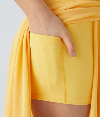 High Waisted Drawstring Contrast Mesh 2-in-1 Pocket Flowy Midi Flare Casual Skirt