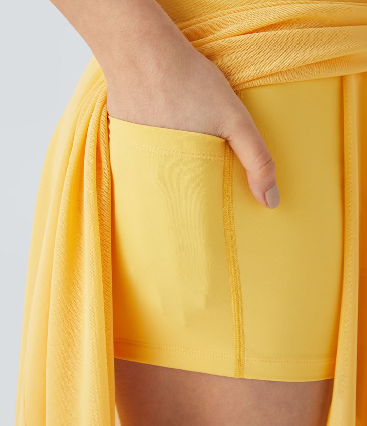 High Waisted Drawstring Contrast Mesh 2-in-1 Pocket Flowy Midi Flare Casual Skirt