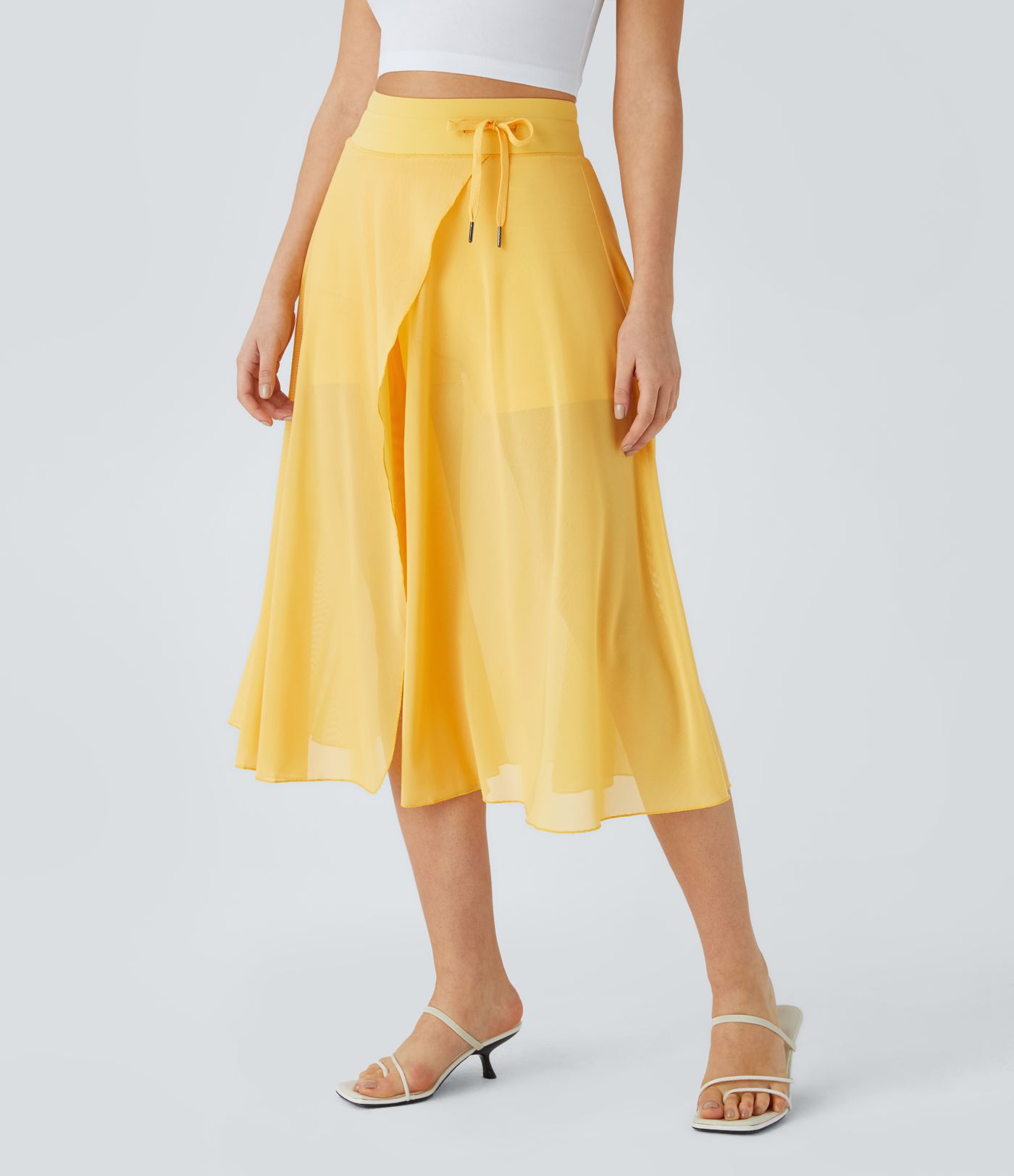 High Waisted Drawstring Contrast Mesh 2-in-1 Pocket Flowy Midi Flare Casual Skirt