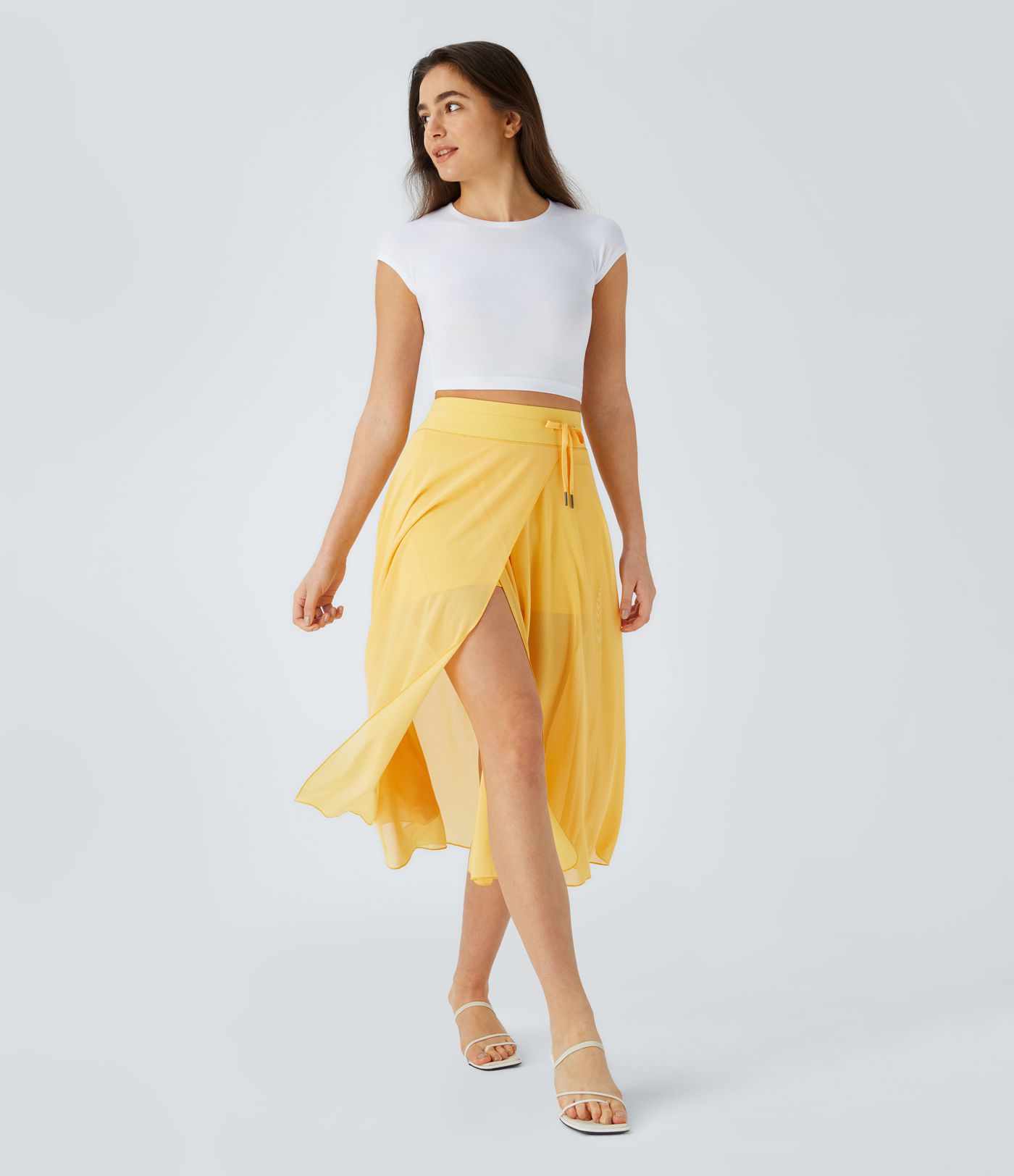 High Waisted Drawstring Contrast Mesh 2-in-1 Pocket Flowy Midi Flare Casual Skirt