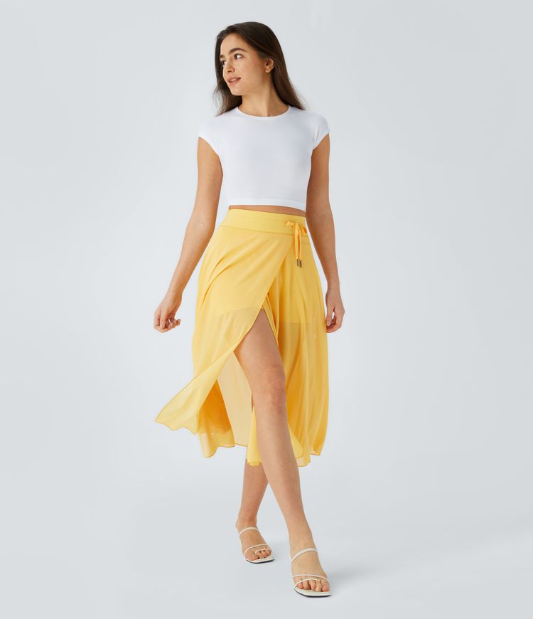 High Waisted Drawstring Contrast Mesh 2-in-1 Pocket Flowy Midi Flare Casual Skirt