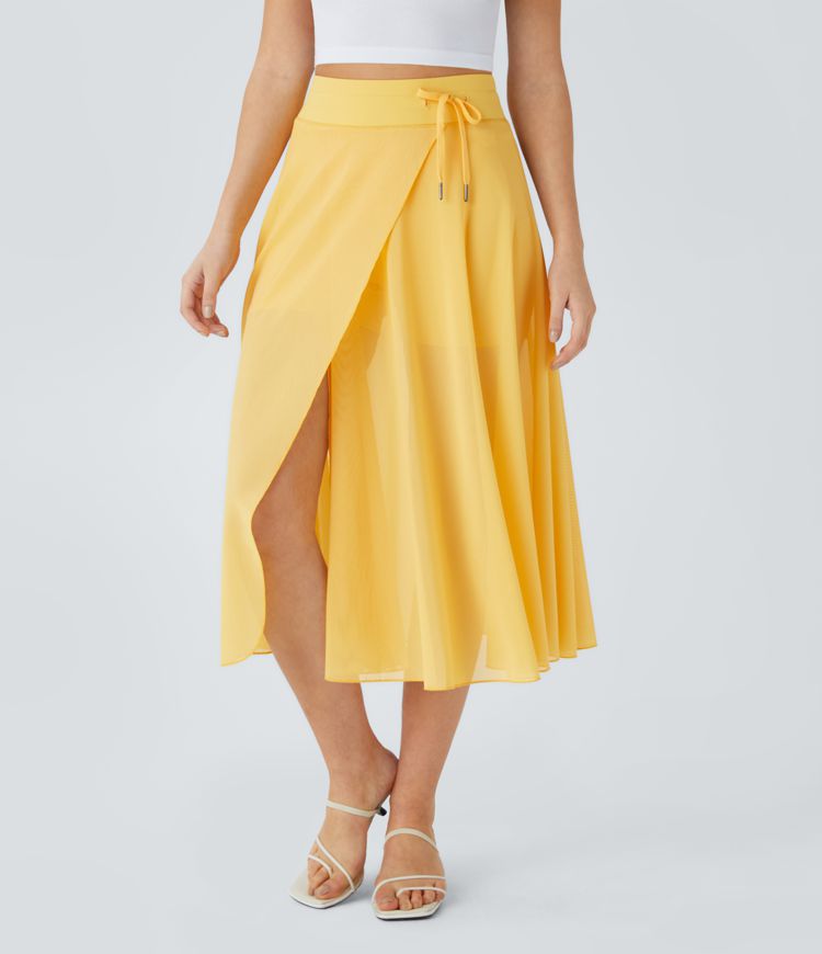 High Waisted Drawstring Contrast Mesh 2-in-1 Pocket Flowy Midi Flare Casual Skirt