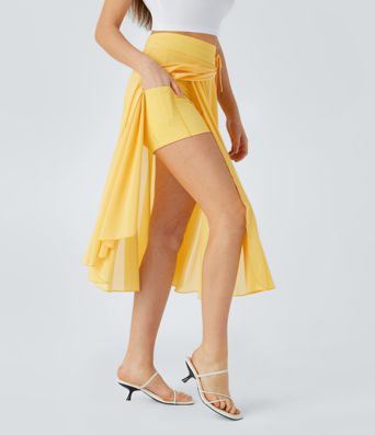 High Waisted Drawstring Contrast Mesh 2-in-1 Pocket Flowy Midi Flare Casual Skirt