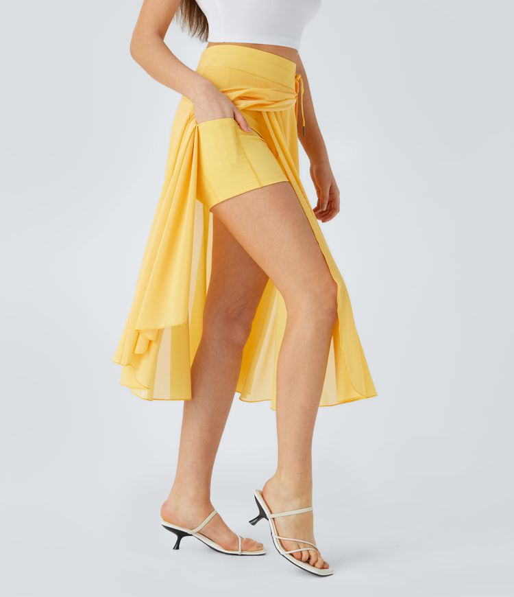 High Waisted Drawstring Contrast Mesh 2-in-1 Pocket Flowy Midi Flare Casual Skirt