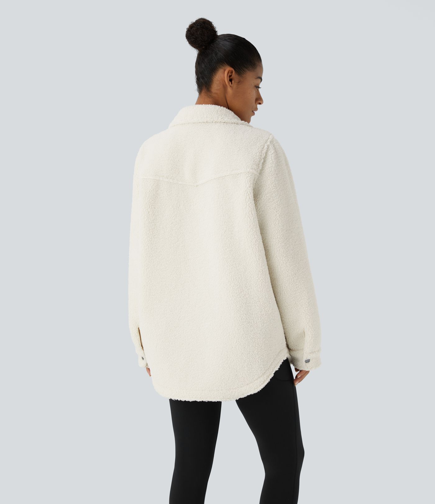 Collared Button Chest Pocket Long Sleeve Curved Hem Casual Sherpa Jacket