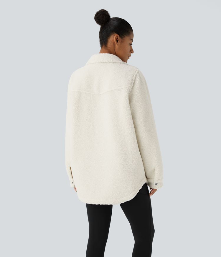 Collared Button Chest Pocket Long Sleeve Curved Hem Casual Sherpa Jacket