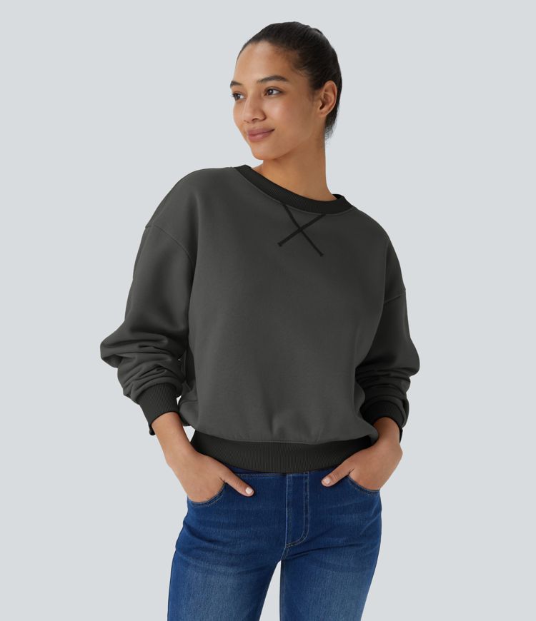 Round Neck Long Sleeve Color Block Fleece Casual Sweatshirt