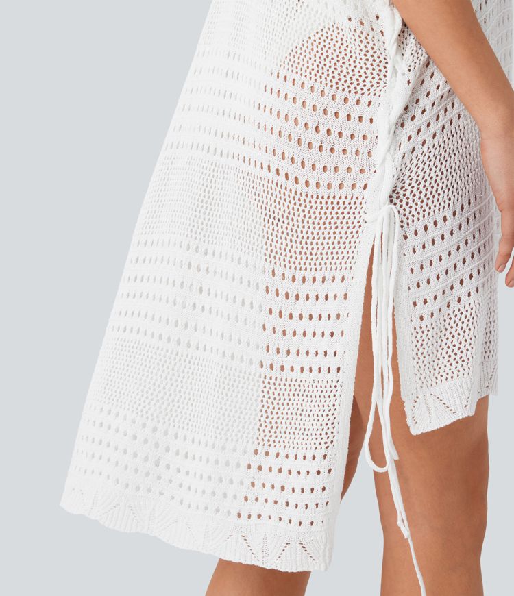 V Neck Lace Up High Low Hollow Out Cover Up