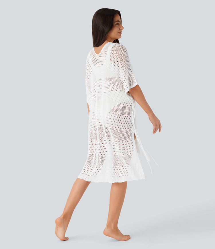 V Neck Lace Up High Low Hollow Out Cover Up