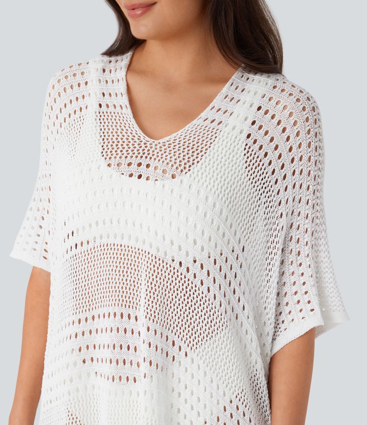 V Neck Lace Up High Low Hollow Out Cover Up