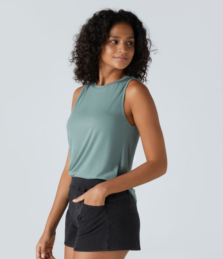 Ribbed Round Neck Basic Casual Tank Top