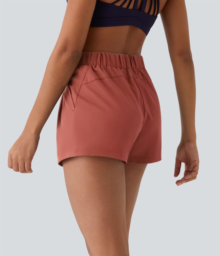 High Waisted Elastic Waistband Drawstring Pleated Yoga Shorts 3" with Pockets