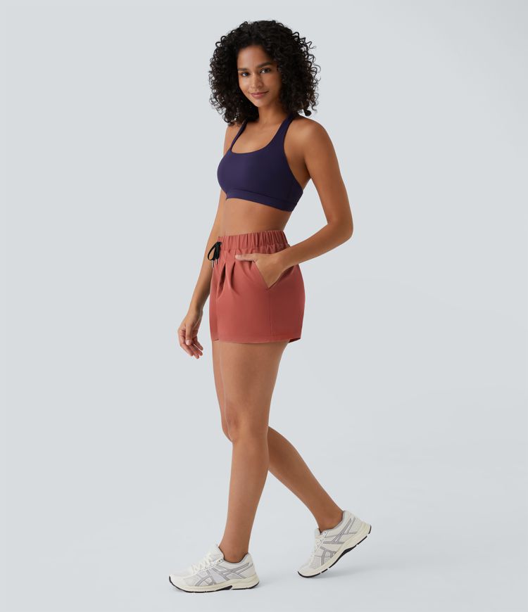 High Waisted Elastic Waistband Drawstring Pleated Yoga Shorts 3" with Pockets