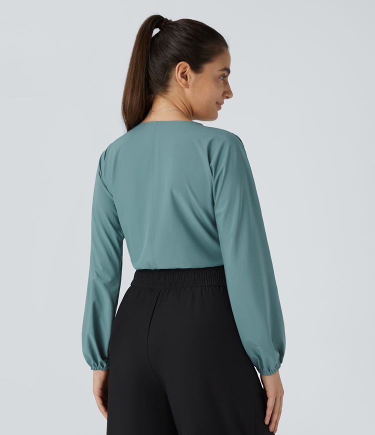 Breezeful™ V-Neck Pleated Bishop Sleeve Button Quick-Drying Casual Bodysuit