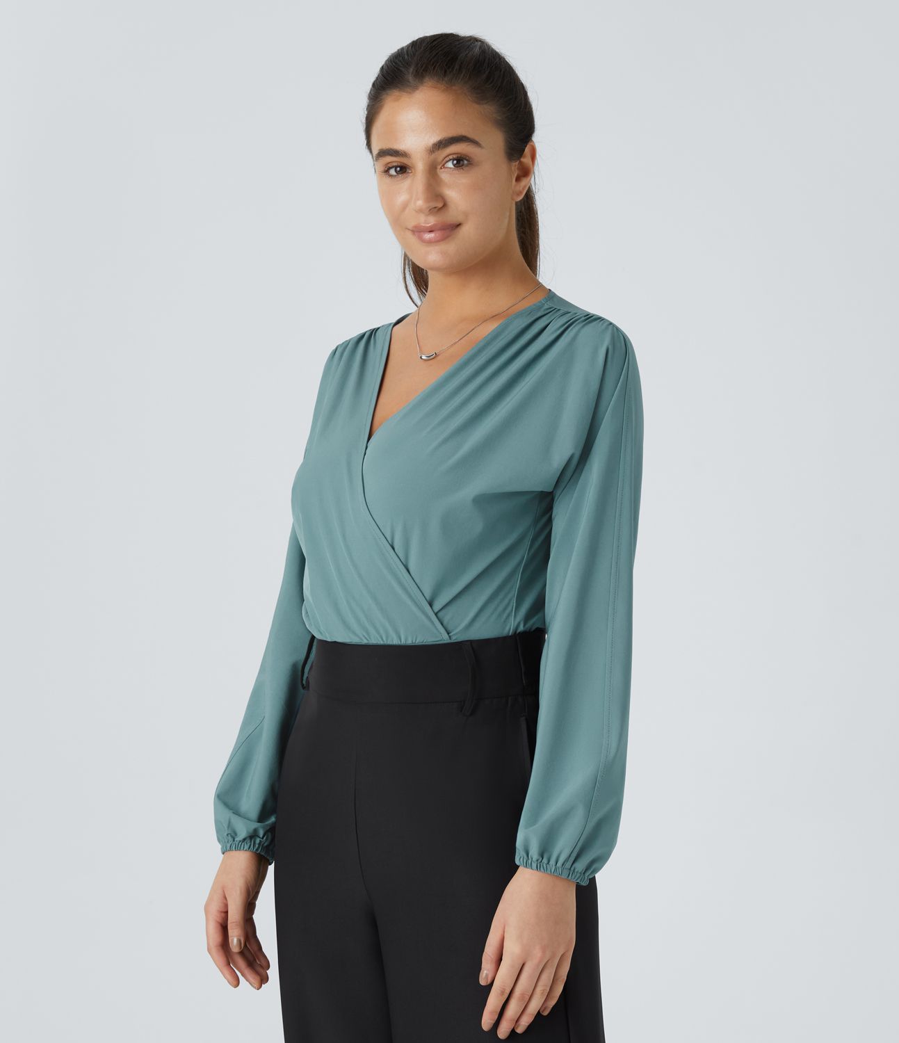 Breezeful™ V-Neck Pleated Bishop Sleeve Button Quick-Drying Casual Bodysuit