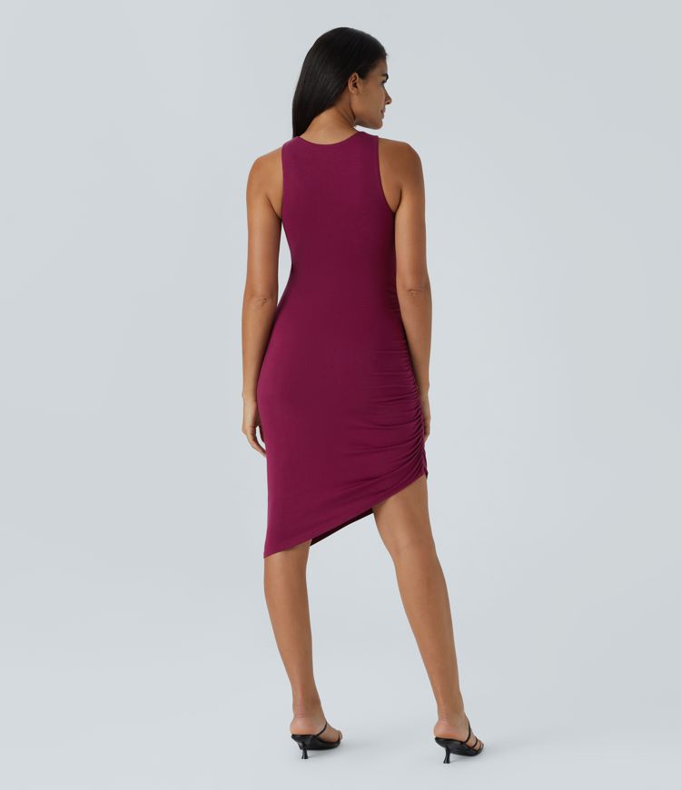 Round Neck Ruched Asymmetric Hem Bodycon Mini Casual Dress