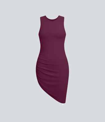 Round Neck Ruched Asymmetric Hem Bodycon Mini Casual Dress