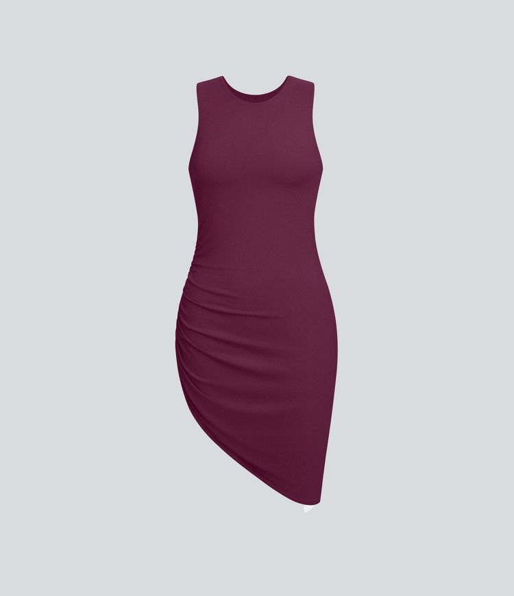 Round Neck Ruched Asymmetric Hem Bodycon Mini Casual Dress