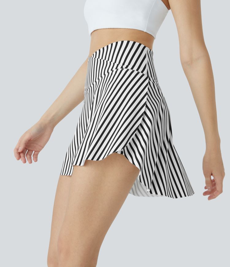 High Waist Crossover 2-in-1 Side Pocket Stripe Mini Tennis Skirt