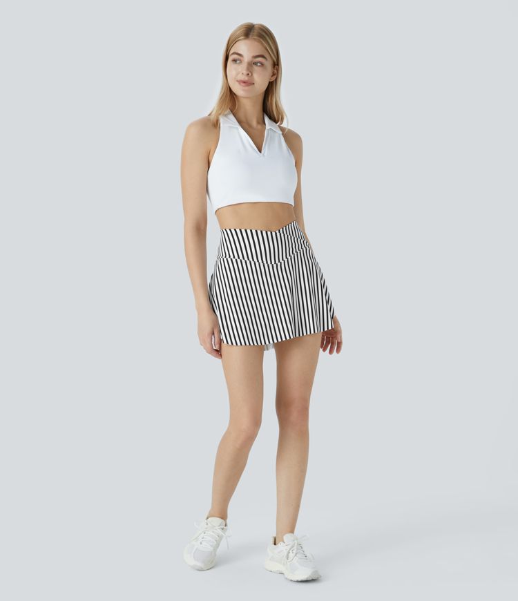 High Waist Crossover 2-in-1 Side Pocket Stripe Mini Tennis Skirt