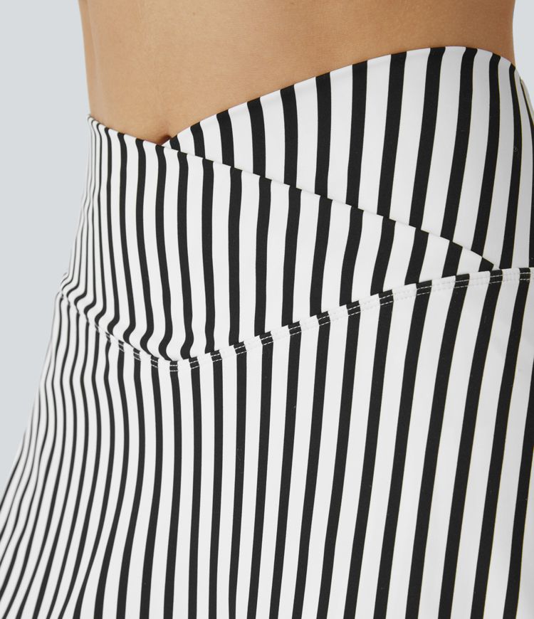 High Waist Crossover 2-in-1 Side Pocket Stripe Mini Tennis Skirt