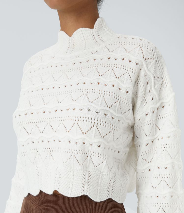 Pull décontracté à col montant, manches évêque, ourlet festonné et maille ajourée