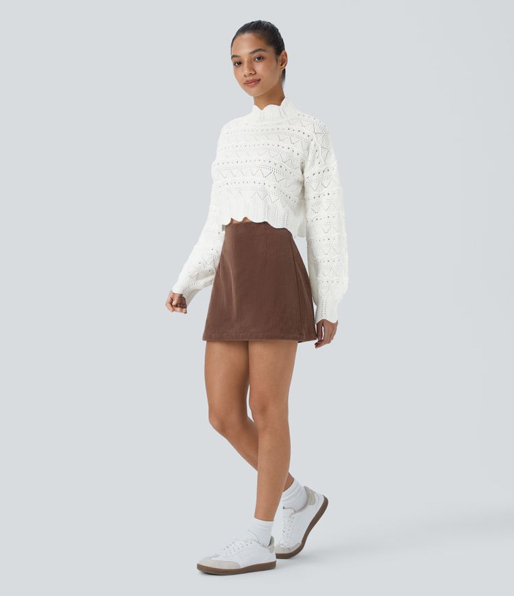 Pull décontracté à col montant, manches évêque, ourlet festonné et maille ajourée