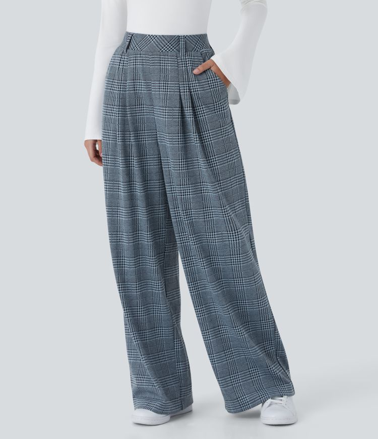 High Waisted Pocket Wide Leg Houndstooth Plaid Casual Pants