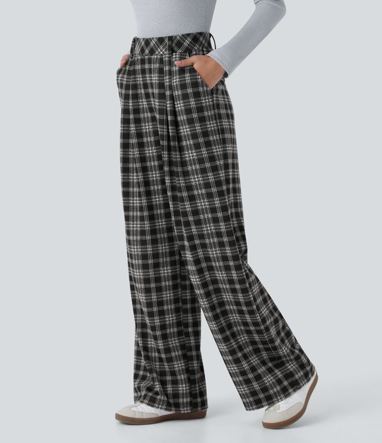 High Waisted Plicated Side Pocket Wide Leg Plaid Casual Pants