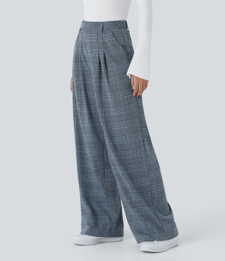 High Waisted Plicated Side Pocket Wide Leg Houndstooth Plaid Casual Pants