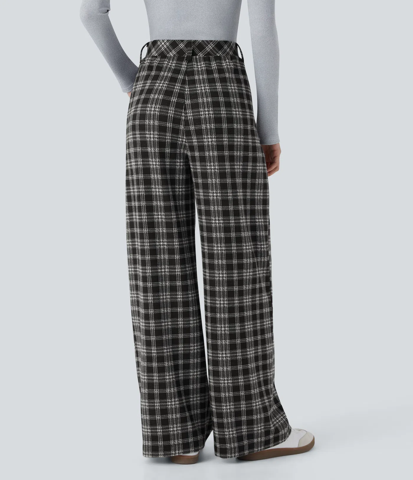 High Waisted Plicated Side Pocket Wide Leg Houndstooth Plaid Casual Pants