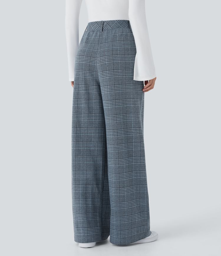 High Waisted Plicated Side Pocket Wide Leg Houndstooth Plaid Casual Pants