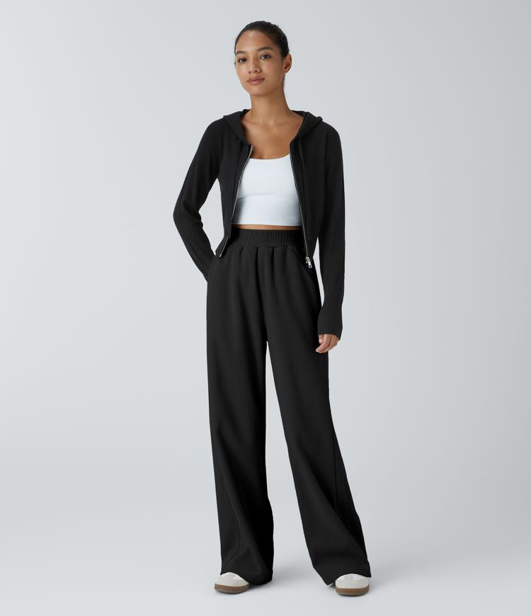 High Waisted Pocket Straight Leg Mop Corduroy Casual Trousers