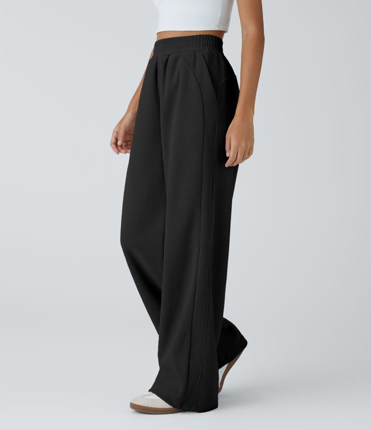 High Waisted Pocket Straight Leg Mop Corduroy Casual Trousers