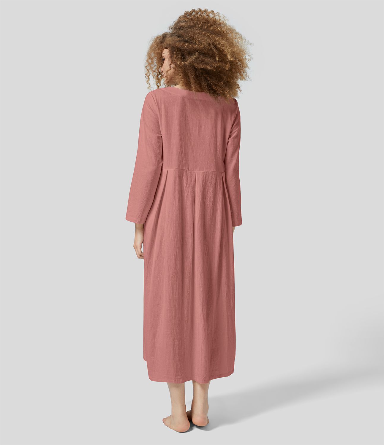 Robe Casual Midi en Tissu Effet Lin à Encolure Ronde Manches Longues Poches Latérales et Plis sur le Côté