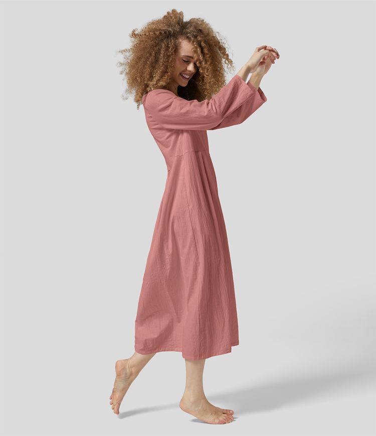Robe Casual Midi en Tissu Effet Lin à Encolure Ronde Manches Longues Poches Latérales et Plis sur le Côté