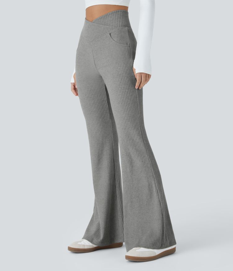 Ribbed Knit Crossover High Waisted Side Pocket Casual Flare Pants