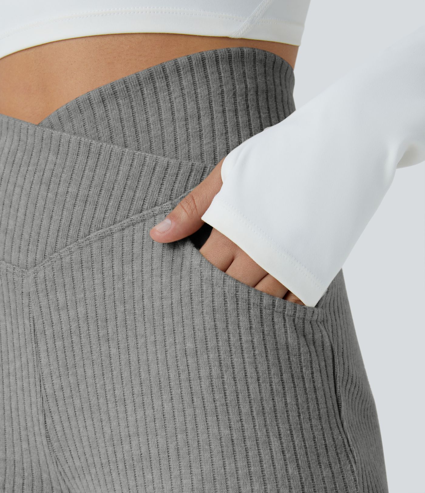 Pantalones acampanados casuales de punto acanalado con cintura alta y bolsillos