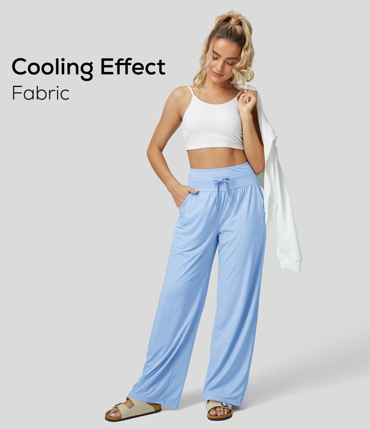 Women’s High Waisted Drawstring Side Pocket Wide Leg Casual Pants HALARA