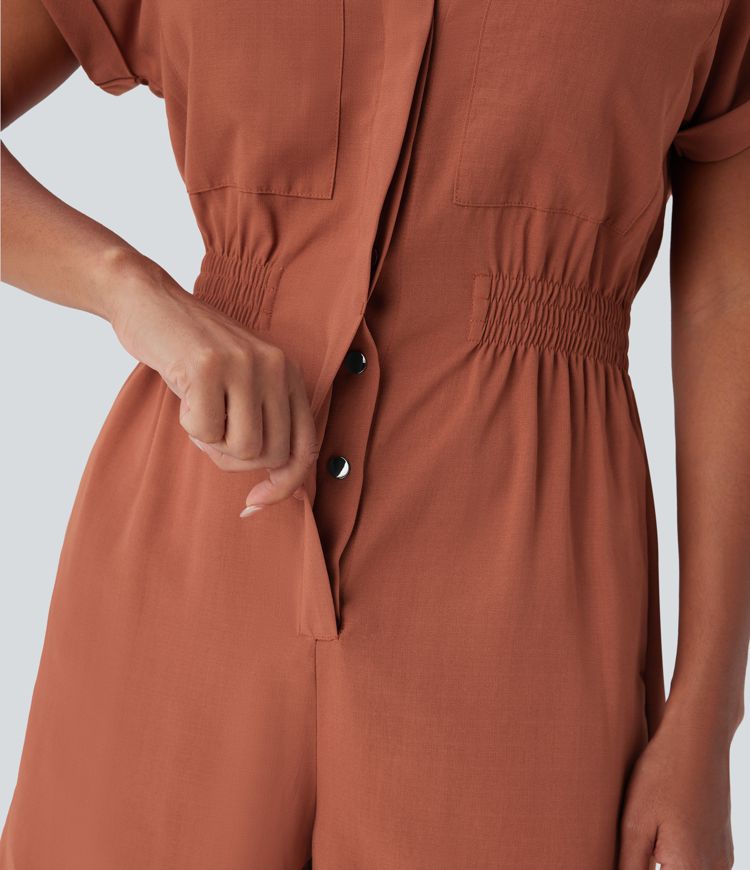 Combishort décontracté col chemise avec encolure en V, manches courtes, boutons invisibles et poches latérales