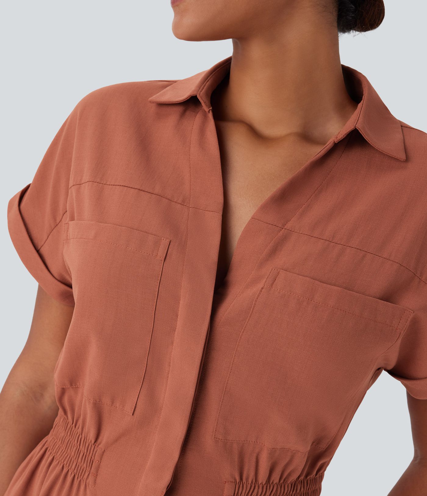 Collared V Neck Short Sleeve Invisible Button Side Pocket Casual Linen-Feel Playsuits