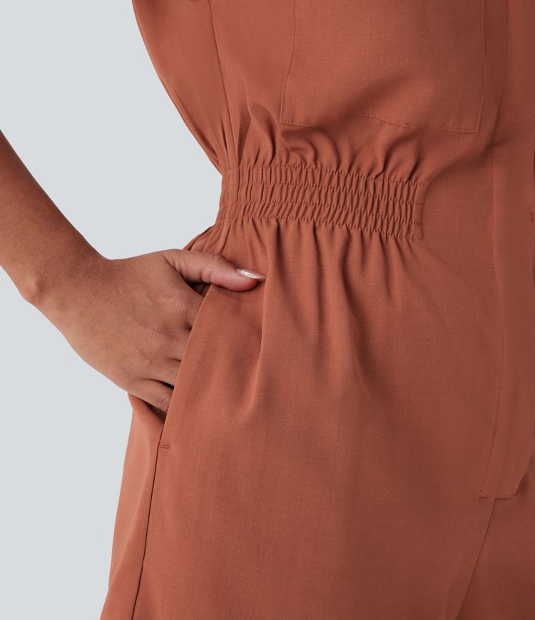 Combishort décontracté col chemise avec encolure en V, manches courtes, boutons invisibles et poches latérales