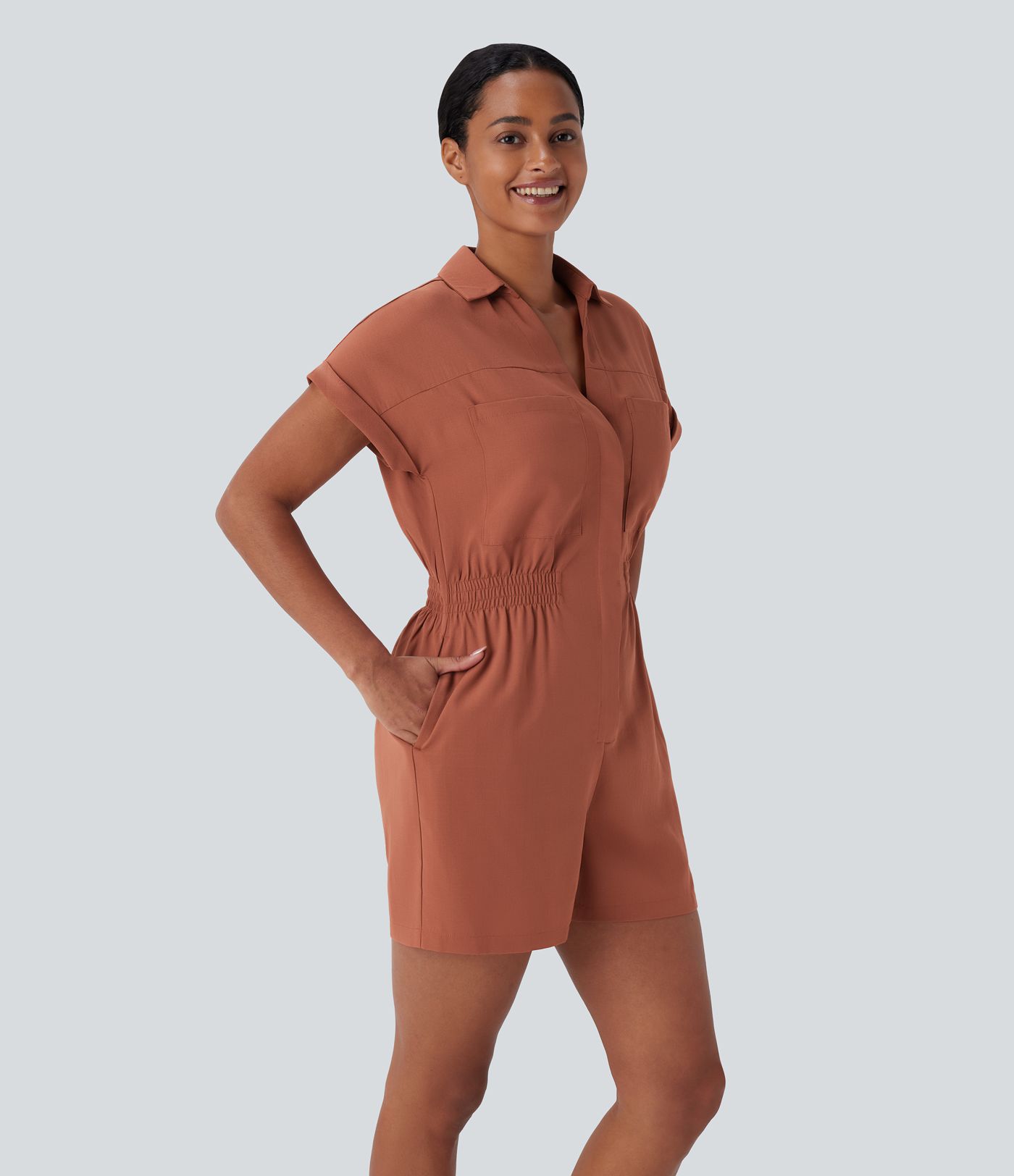 Collared V Neck Short Sleeve Invisible Button Side Pocket Casual Linen-Feel Playsuits