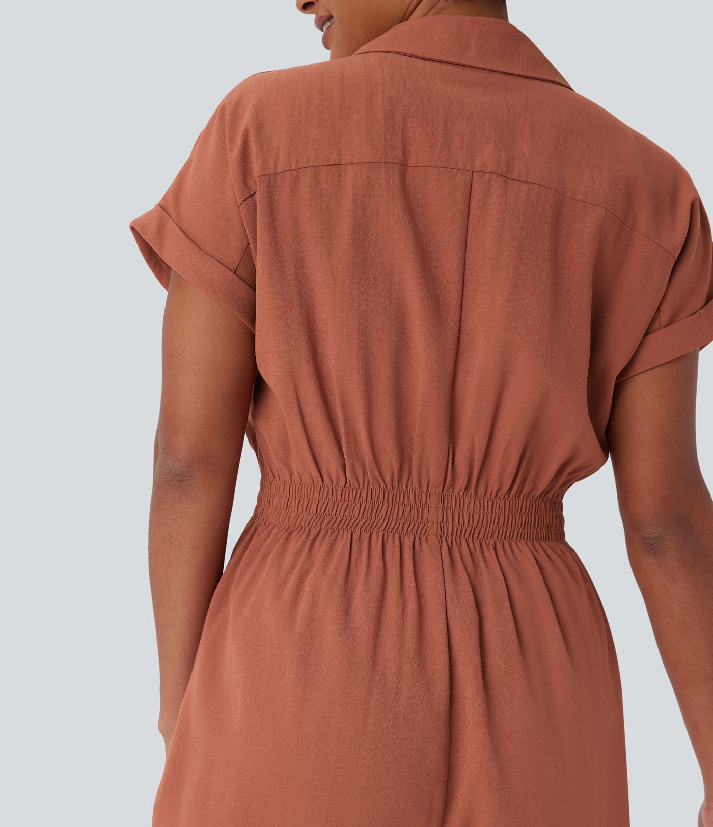 Collared V Neck Short Sleeve Invisible Button Side Pocket Casual Linen-Feel Playsuits