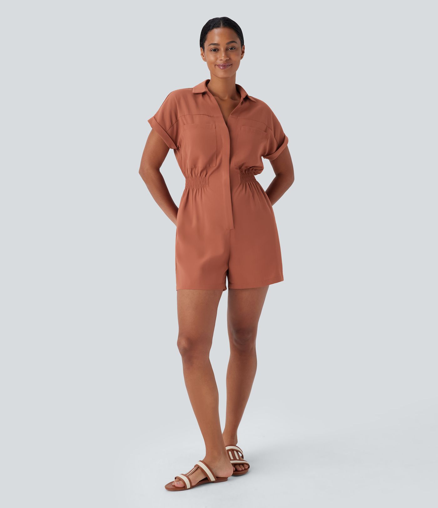 Collared V Neck Short Sleeve Invisible Button Side Pocket Casual Linen-Feel Playsuits